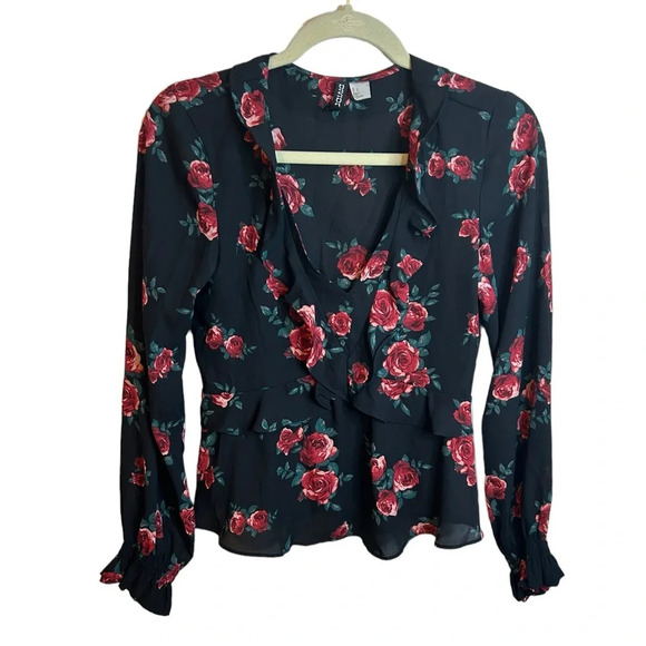 H&M DIVIDED FLORAL RUFFLE SHEER BLOUSE - Picture 1 of 4